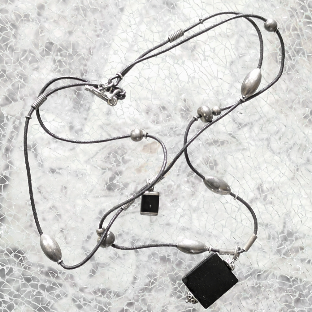 Vintage Y2k Sterling Silver & Onyx Beaded Layered Leather Necklace From Mexico